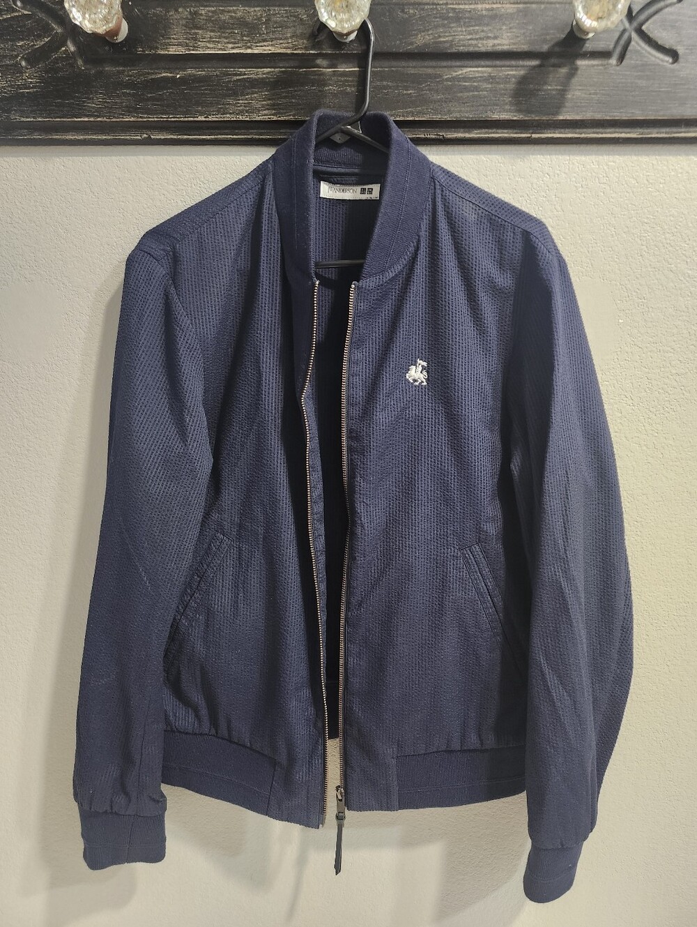 JW ANDERSON Uniqlo Navy Textured Bomber Jacket with Embroidered Crest